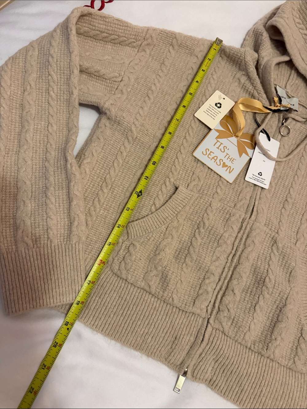 Pink Rose Cable Knit Hooded Zip Cardigan - Beige - Picture 5 of 7